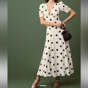 NWT Reformation Naira Dress Cream and Black Polka Dot Midi Dress